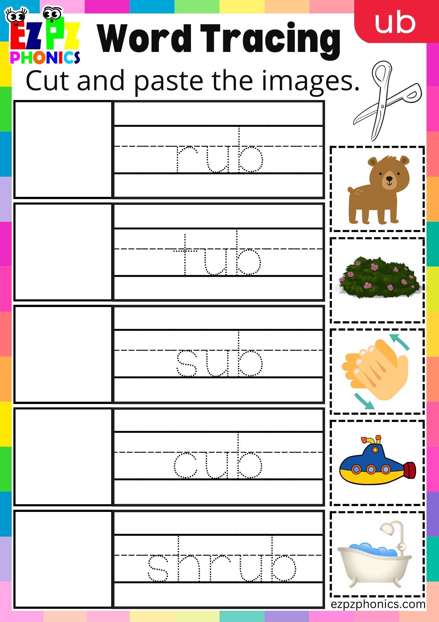 UB Words Cut And Paste The Images Phonics Word Families Worksheet